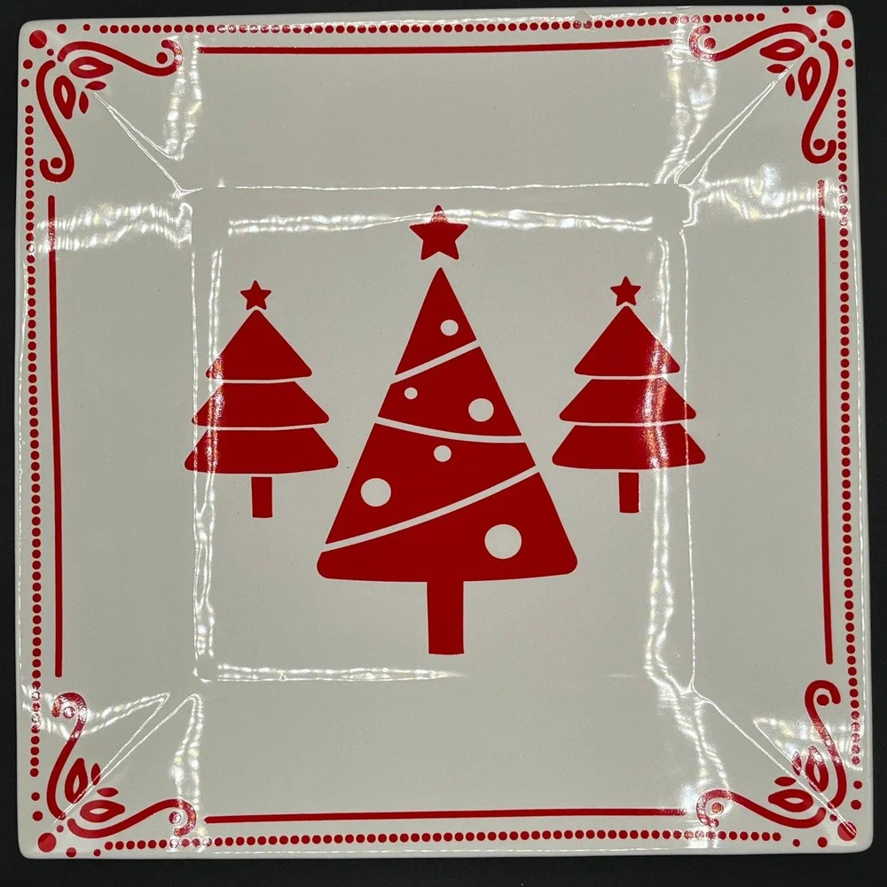 Elise for Elise Ceramic Christmas Plates Set of 2 Red White Tree Platters in Box